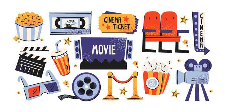 Cinema cartoon stickers, movie night doodles with popcorn, film tickets, projector, movie theater, film reel, retro vintage cinema elements for parties, festivals and entertainment