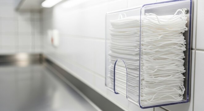 Stack of Clean White Surgical Tissues in a Medical Dispenser