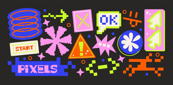 Y2K pixel stickers in retro cartoon style. Neon symbols, retro wave icons, labels, pixel hearts, gaming buttons and cyber shapes, futuristic internet aesthetic and digital techno collection