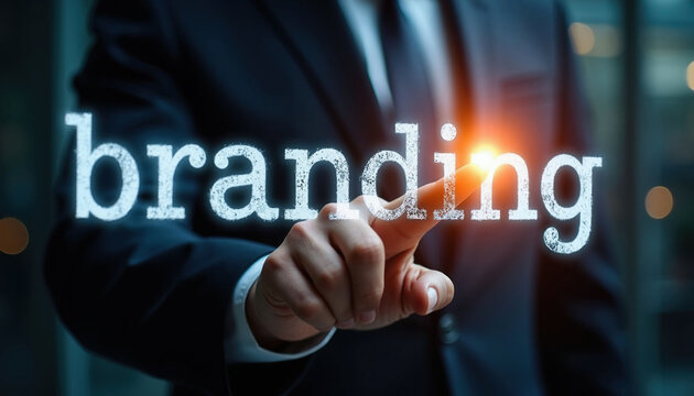 Man in suit touches glowing word branding on futuristic interface. Business strategy concept for brand building success. Digital marketing growth and identity plan. Future communication tech.