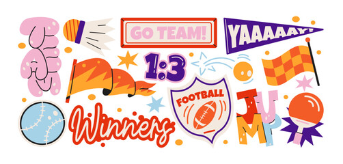 Fototapeta premium Sports fan cartoon stickers, football championship doodles with team spirit, victory badges, supporter flags, winner symbols, match celebration graphics and retro groovy game elements