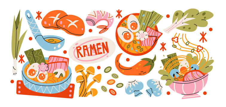 Ramen cartoon food stickers, Japanese noodle mascot doodles, Asian cuisine elements with ramen bowls, sushi, broth, mushrooms, seafood, vegetables and retro groovy restaurant graphics