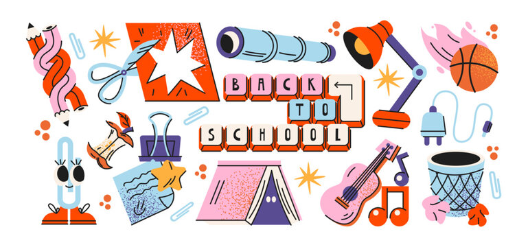 Back to school doodle stickers, retro cartoon school supplies, groovy 90s education elements with classroom stationery, learning accessories, study icons, student essentials and creative objects