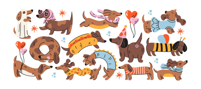 Dachshund cartoon dog stickers, cute sausage dog doodles with funny outfits, puppy poses, playful pet illustrations for birthday celebrations, party decorations, greeting cards and festive designs