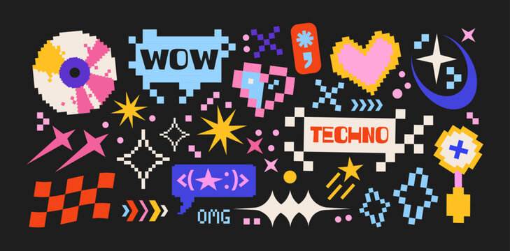 Y2K pixel stickers in retro cartoon style. Neon symbols, retro wave icons, labels, pixel hearts, gaming buttons and cyber shapes, futuristic internet aesthetic and digital techno collection