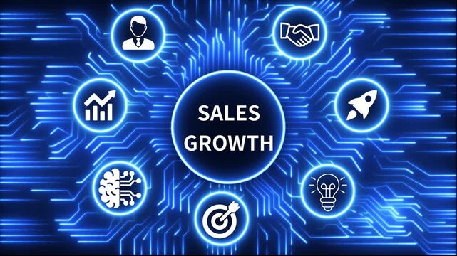 sales growth icon surrounded by smaller icons for ai manufacturing strategy. A glowing neon, and manufacturing process management all connected in a digital circuit like pattern, 4k video 