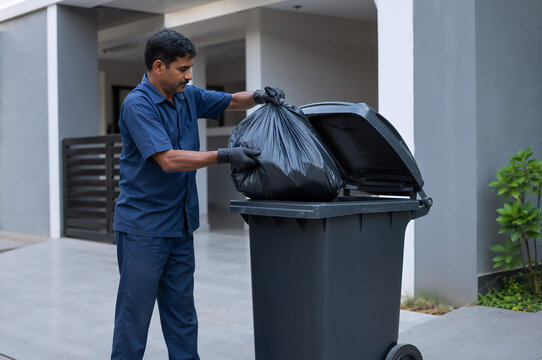 Indian man janitor putting garbage bag into bin. Worker cleaning trash, waste management service, professional maintenance, sanitation, housekeeping, community cleaning concept.