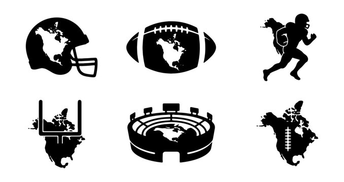 American football icons set with North America map, black silhouette sports vector elements, professional league stadium and equipment graphics