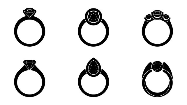 Diamond engagement ring icons set, black silhouette jewelry vector collection, 6 wedding ring symbols with various gemstone cuts for bridal design