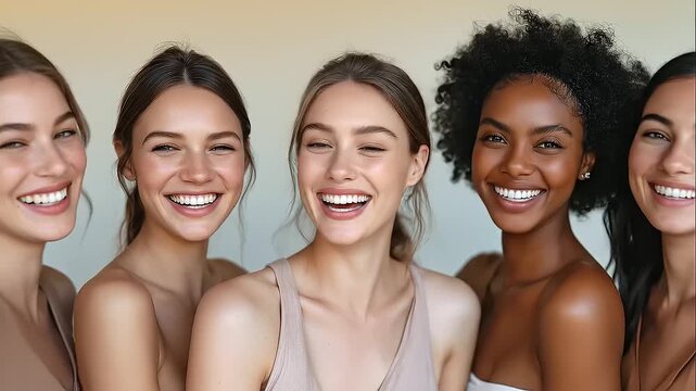 Smiling multicultural women standing together in solidarity, friendship and inclusion concept, female empowerment and community support, joyful lifestyle portrait, copy space.