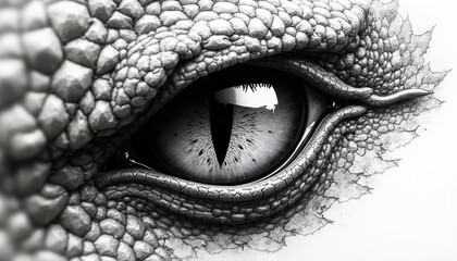 Naklejka premium Close up reptilian dragon eye with sharp pupil and textured scales. Black and white ink drawing captures fierce creature stare. Detailed fantasy art, monster concept.