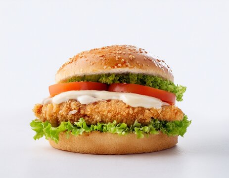 chicken burger with grilled chicken breast lettuce tomato and mayo light and tasty isolated on white background copy space