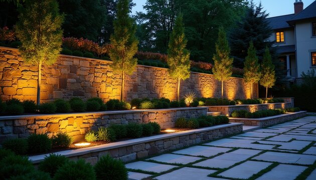 Stone retaining wall with tiered landscaping and trees illuminated by warm outdoor lights. A modern stone patio leads to a home at dusk. Luxury exterior.