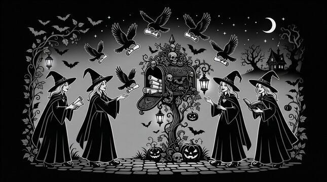 Eerie Black and White Illustration of Three Witches Surrounded by Flying Crows and a Haunted Tree for Halloween Decor or Dark Fantasy Art