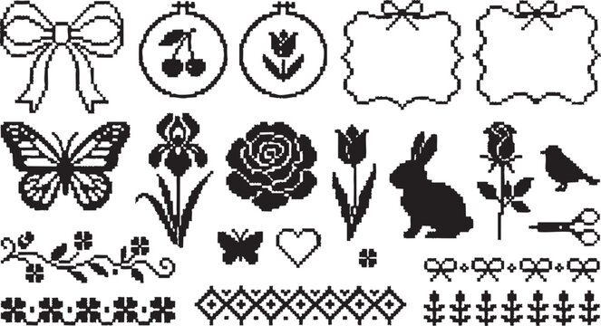 Vector floral and animal designs with butterflies, bows, and borders for creative projects and illustrations in black color on white background