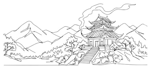 Fototapeta premium Traditional asian pagoda in mountain landscape, oriental temple architecture and nature scenery in continuous line art