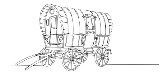 Traditional gypsy wagon vardo or vintage covered carriage, nomadic home concept in continuous line art © ----WWWLINE----
