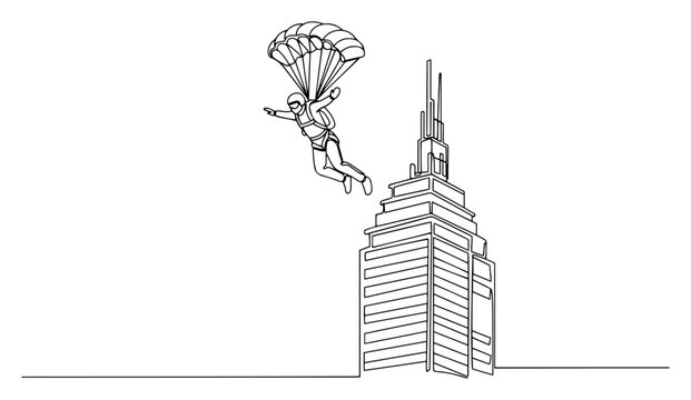 Base jumper parachuting from a skyscraper, extreme sport and urban adventure concept in continuous line art