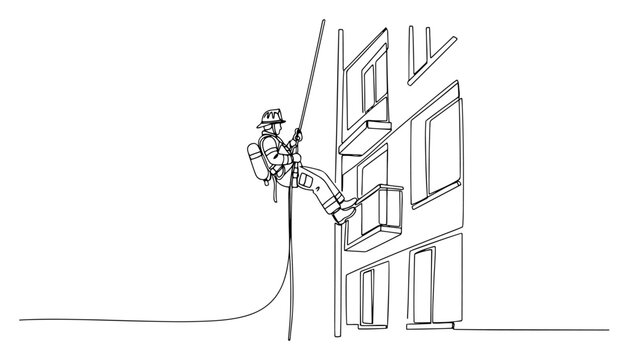 Firefighter rappelling down building for high altitude rescue, emergency service rope access in continuous line art