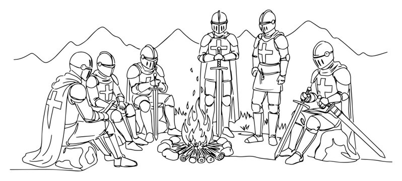 Medieval knights in armor sitting around campfire, historical crusaders camping in mountain landscape continuous line art