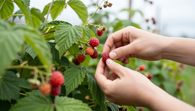 Fresh raspberry harvest: hands picking ripe berries from a lush green bush