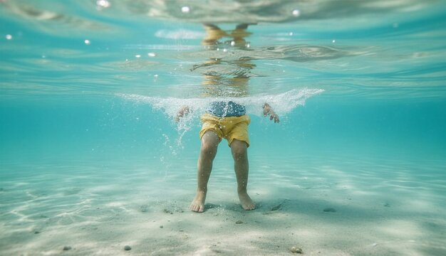 Underwater shot of a young boy in yellow swim shorts standing on sandy seabed, surrounded by bubbles and light refractions