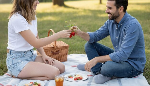 Romantic picnic in the park: couple sharing a strawberry