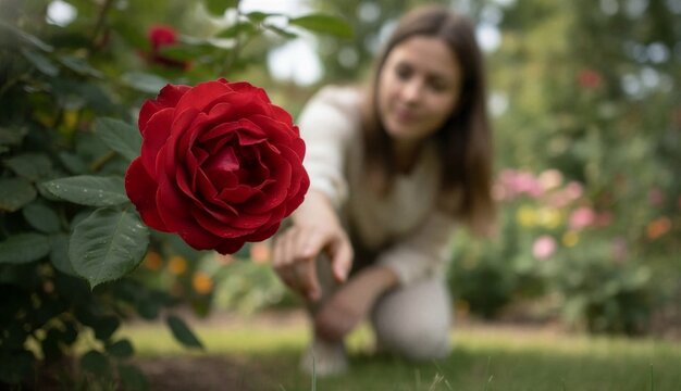 Young woman admiring a red rose in a lush garden
