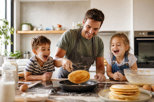 Pai e filhos pequenos fazendo panquecas juntos em uma cozinha ensolarada - Conceito de divers&atilde;o em fam&iacute;lia, caf&eacute; da manh&atilde; especial e amor paterno.