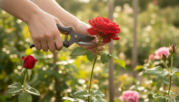 Gardener using pruning shears to cut a vibrant red rose bloom in a sunlit garden.