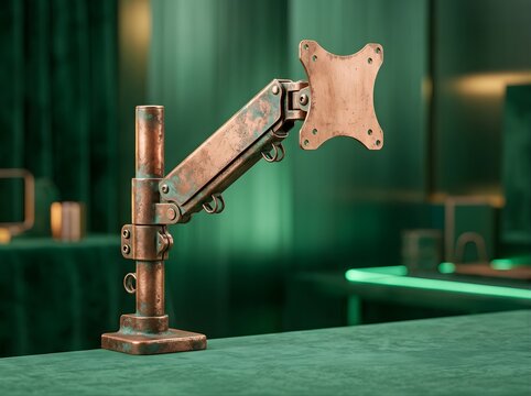 Industrial metallic monitor mount with weathered bronze oxidation patina standing on green felt surface for ergonomic workstation setup