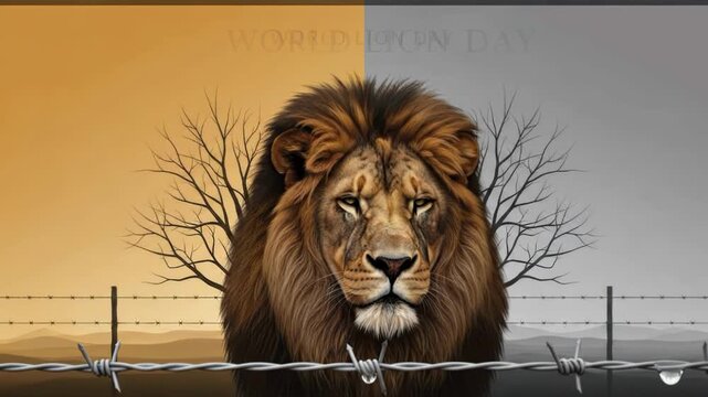 World lion day conceptual image with a lion behind a barbed wire fence