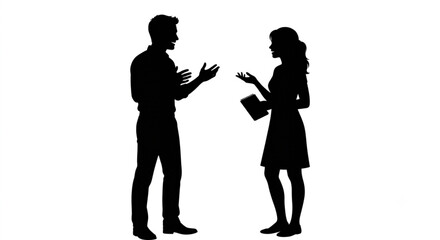 Naklejka premium A black and white silhouette of a man and a woman standing face to face while engaging in active interpersonal communication
