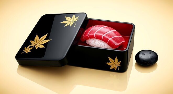 Lacquer Jewel Box. single chutoro nigiri (medium fatty tuna) as a precious ruby, inside a half open traditional lacquer box (jubako) with gold maki e maple leaves