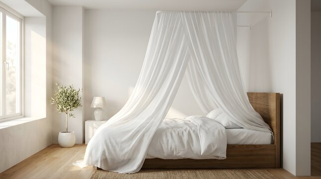 Modern bedroom interior featuring white canopy bed with wooden frame in airy room with natural light and houseplant