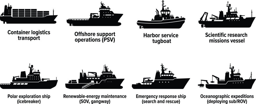 Commercial Marine Vessel Silhouette Set Featuring Container Ships Research Vessels and Offshore Operations