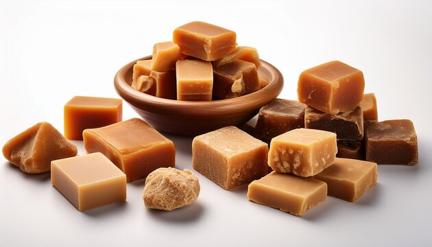 assorted jaggery pieces in different shapes and sizes displayed on an isolated white background ideal for showcasing traditional sweeteners in promotional content