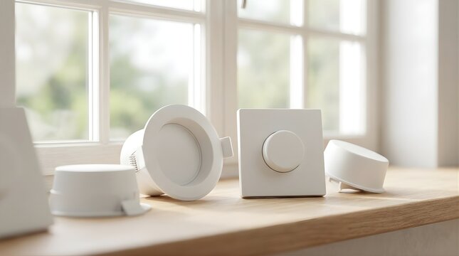 Set of recessed led downlights and wall dimmer switches arranged on wooden windowsill for interior lighting improvement