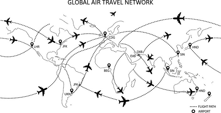 Global air travel network illustration with flight paths and major airports