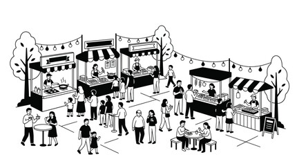 Obraz premium Outdoor Food Market Scene with People and Stalls, Black and White Illustration