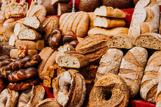 Different kinds of fresh bread on sale at a bakery of cafe.
