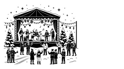 Fototapeta premium Winter Outdoor Concert Stage with Band Performing for Audience in Snow