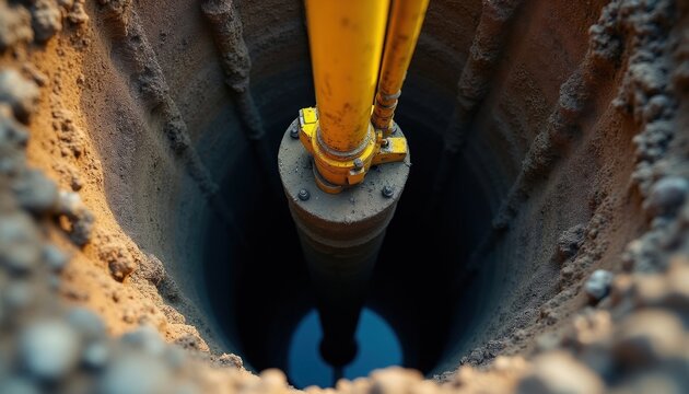 Yellow equipment descends into deep earth borehole for geological survey. Precision tool performs underground inspection. Drilling machinery monitors subsurface earth strata composition for