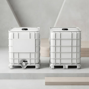 Two industrial intermediate bulk containers for liquid storage or logistics shipping on textured concrete platform