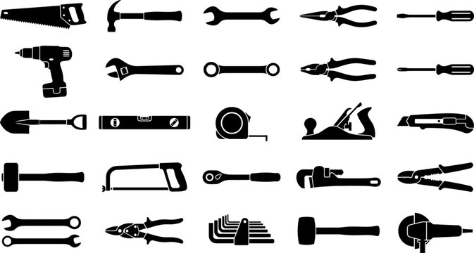 Black and white silhouette collection of various hand tools