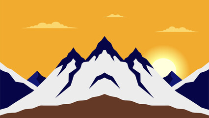 Minimal snowy mountain landscape with sunrise scenery ideal for travel projects, wilderness themes and outdoor adventure designs. © yossi