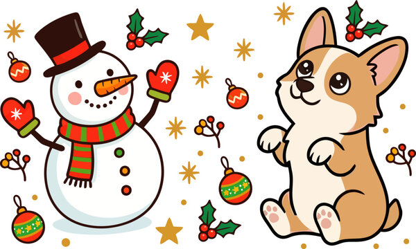 Festive snowman and corgi puppy illustration with holiday decorations