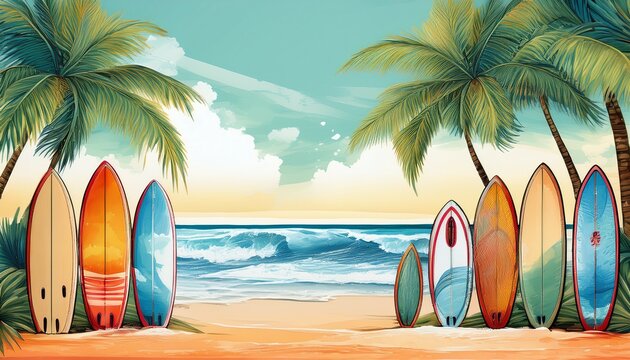 watercolor surfboards on beach with palms