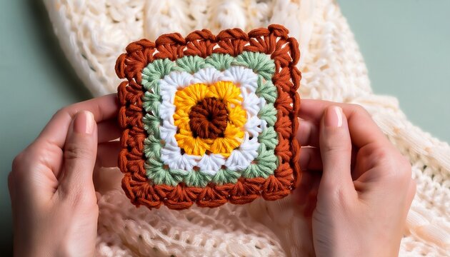 crocheted daisy granny square in artist hand