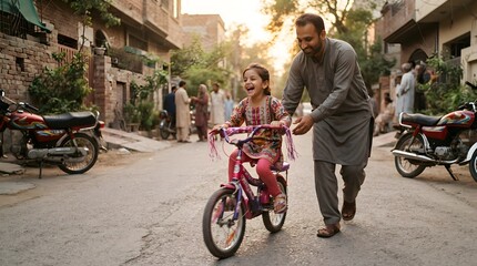 Obraz premium Pakistani father teaching daughter to ride bicycle, candid family moment golden hour